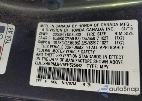 2015 Honda Cr-V Ex-L из США, поврежденный, VIN 2HKRM3H75FH525842